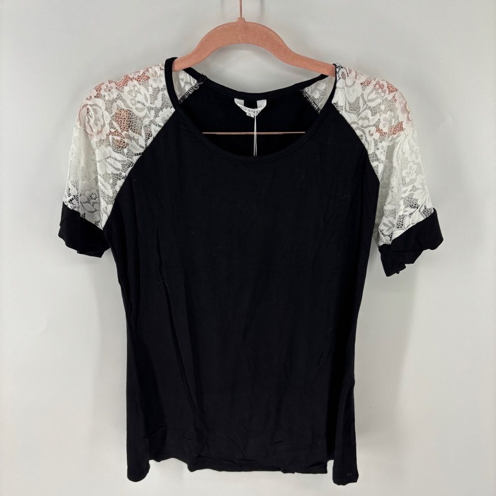 Meaneor Women's Black Lace Raglan Short Sleeve Casual T-Shirt NWT